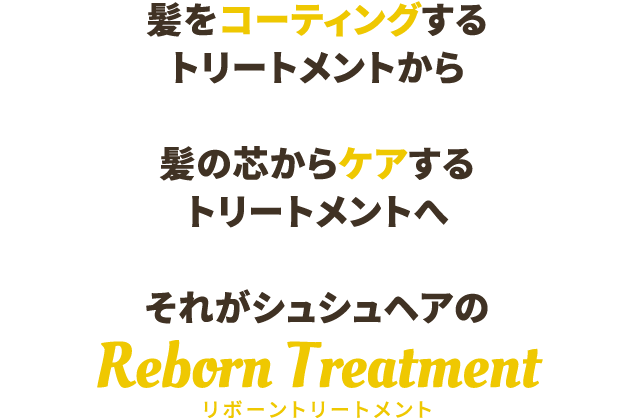 髪をコーティングする トリートメントから  髪の芯からケアする トリートメントへ  それがシュシュヘアの  Reborn Treatment